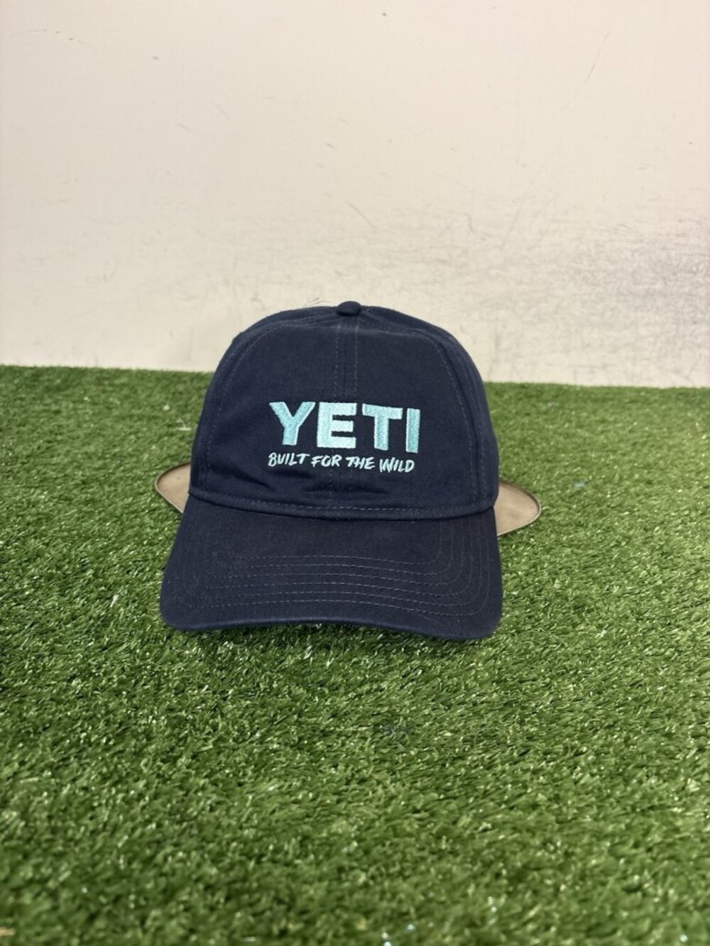 Yeti hat cap strap back blue teal logo script casual Leather Adjustable mens